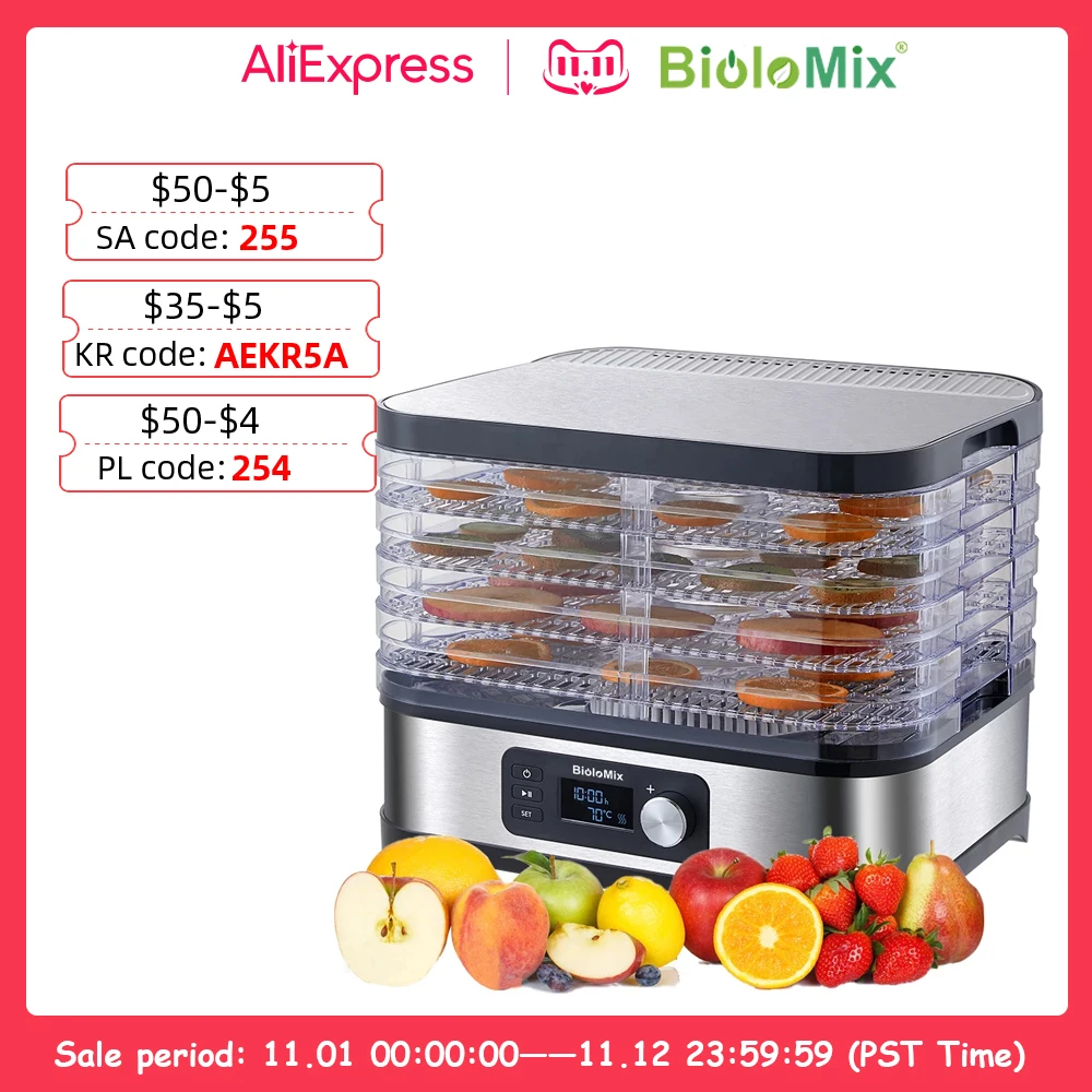  BioloMix BPA FREE 5 Trays Food Dryer Dehydrator with Digital Timer and Temperature Control for Fruit Vegetable Meat Beef Jerky 
