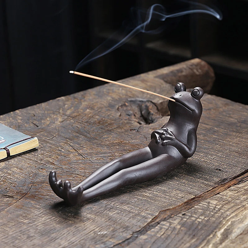 

Cute Frog Sculpture Incense Stick Burner Holder with Incense Sticks Handmade Ceramic Incense Stick Stand Modern Incense Burner