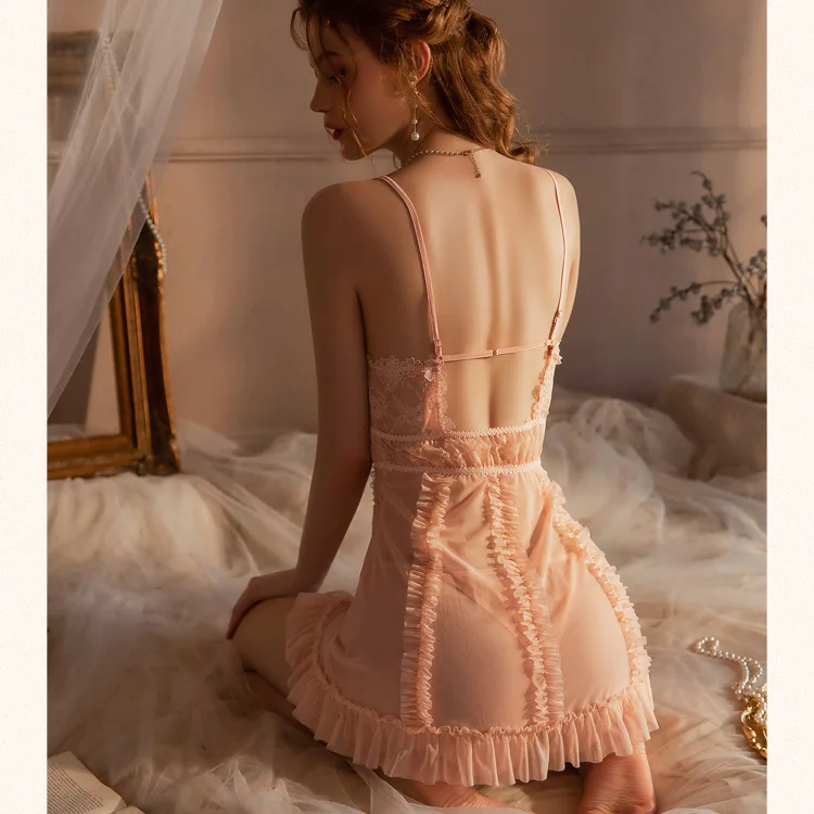 Summer thin lace lingerie dress mesh perspective pajamas women's sexy ice silk high-end tie-strap nightdress nightgown