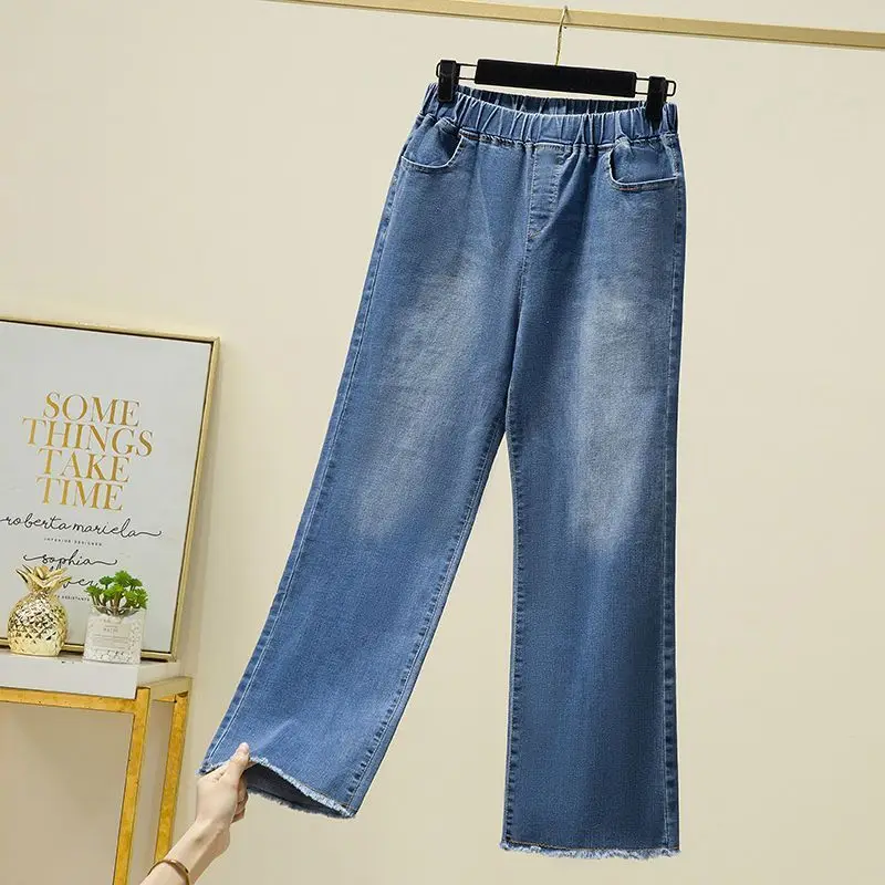 

Women's Jeans with Tassels for Fall and Winter Korean Pant Pocket and Button Zip Casual Loose Elastic Waist Maxi Denim Trousers