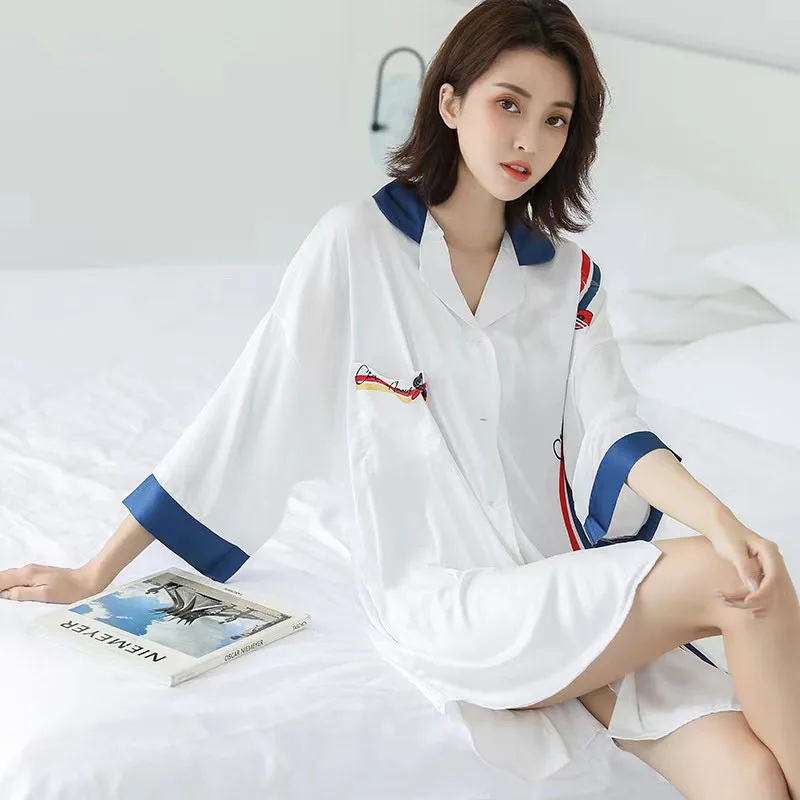 YFTNH Women Nightgown Sleepwear Nightshirts Fashion Satin Silk Soft Stripe Print Short Sleeve Mini Night Dress Summer Homewear