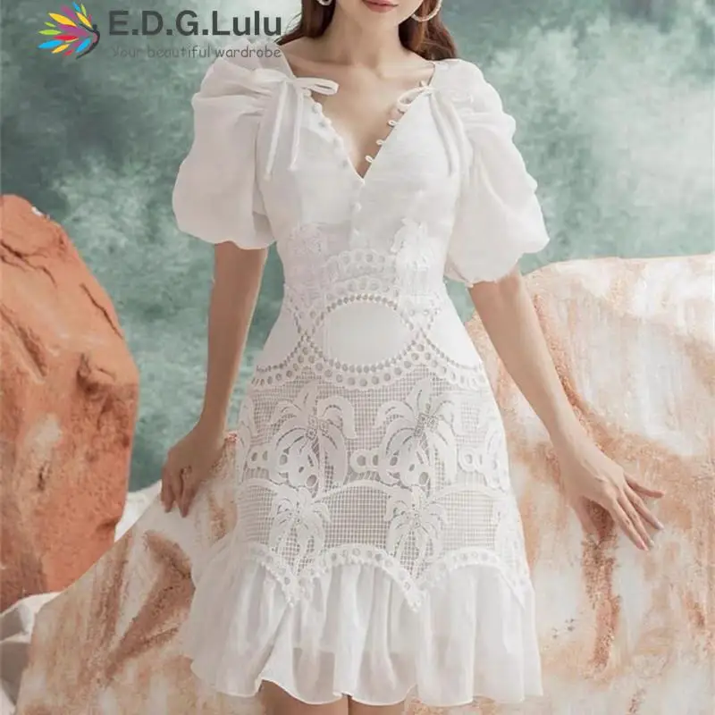 

EDGLuLu V-neck Single-breasted Short Sleeve Summer Dress Women 2022 Casual Elegant Embroidered Flowers Ruffles Dress 0604