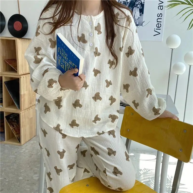 QWEEK Pijamas Women Cotton Two Piece Set Round Neck Kawaii Bear Pajamas Girls Sleepwear Nightwear Loose and Soft Pyjamas Cute