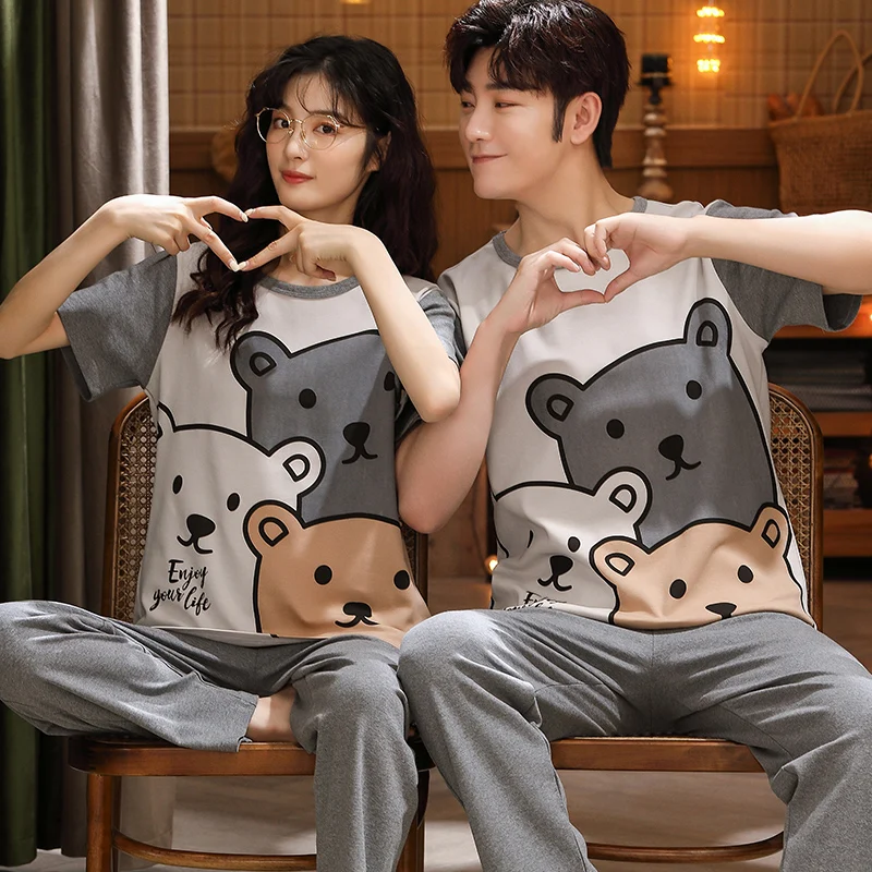 Summer Couples Pajamas Set Women Men Spring Pyjamas Sleepwear Cartoon Dinosaur Korean Lovers Homewear Cotton Short Sleeve Pijama