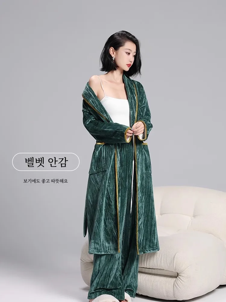 Bivelvet Pajamas Women Autumn and Winter Gold Diamond Velvet Fleece-lined Thick Warm X-long High-Grade Nightgown Bathrobe Set