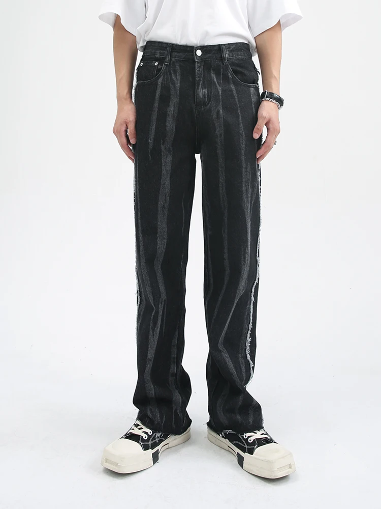 Y2K Men's Jeans Loose Fit Black Tie Dye Casual Pants Korean Wave Dark High Street Pants Four Seasons Streetwear Men Jeans