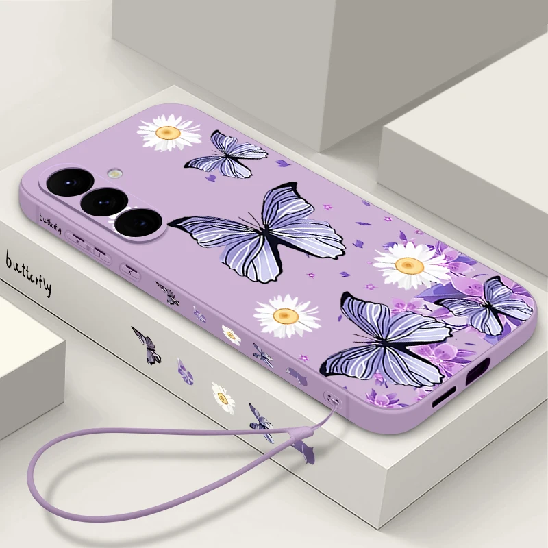Фото Чехол с рисунком фиолетовой бабочки для Samsung Galaxy A57 A56 A17 A55 A36 A15 A25 A35 A37 A16 5G, мягкий силиконовый чехол для телефона с ремешком №1