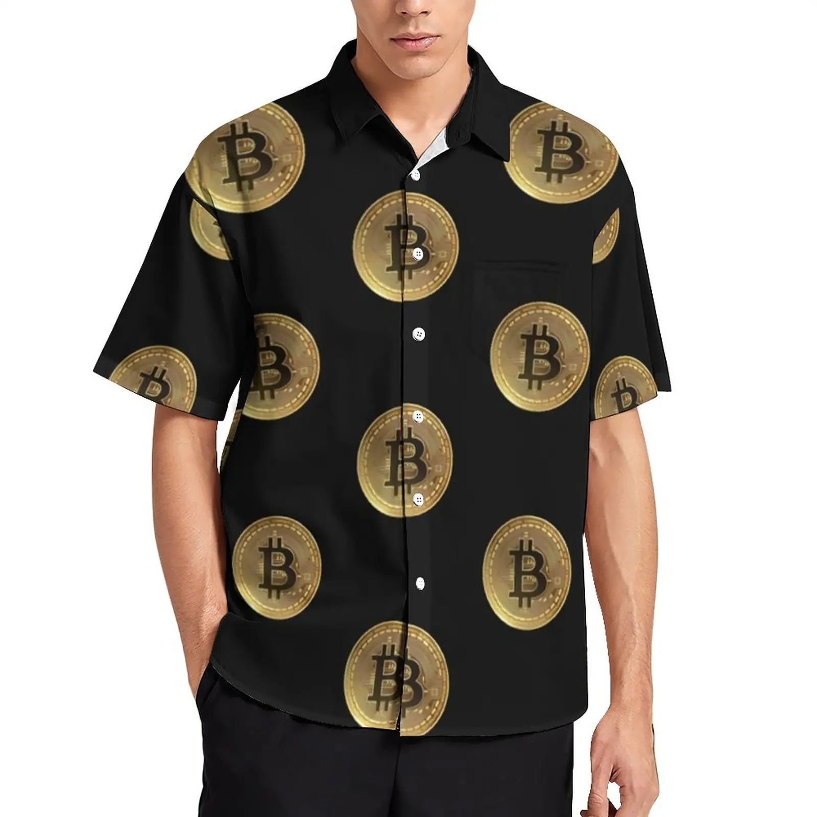

Bitcoin Crypto Vacation Shirt Gold Coin Print Hawaiian Casual Shirts Mens Y2K Blouses Summer Short Sleeve Top Big Size 3XL 4XL