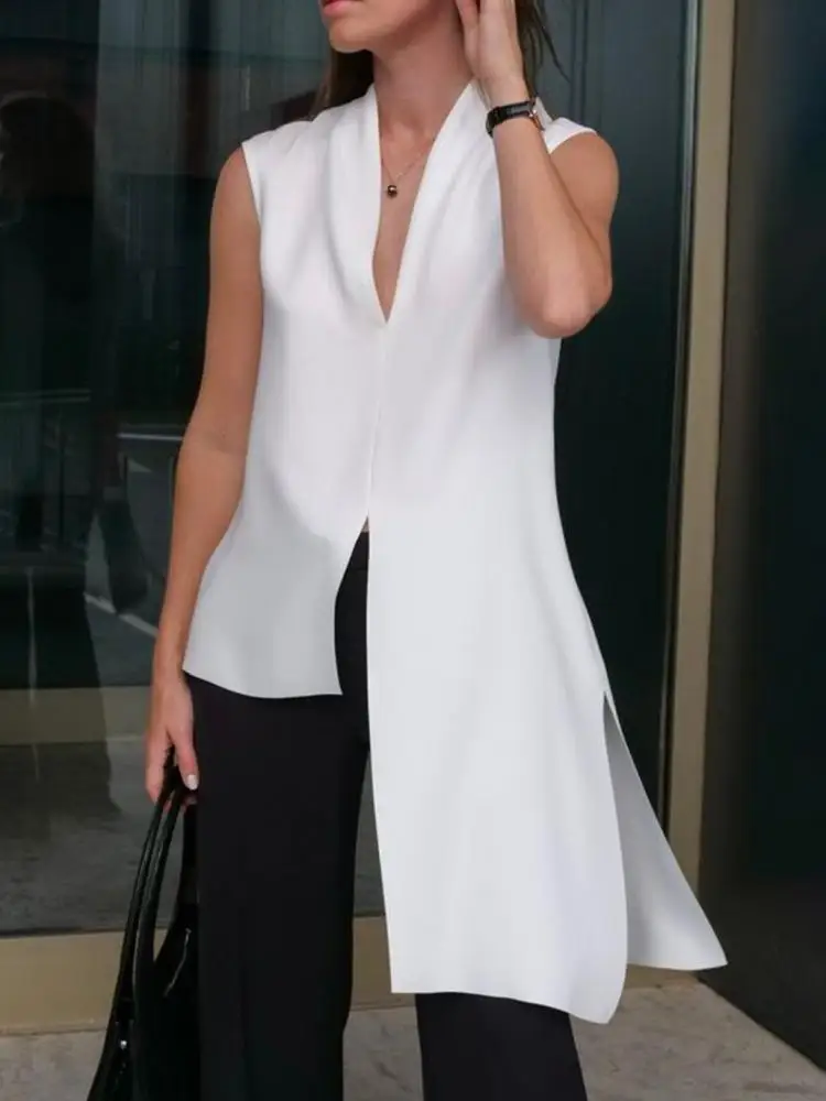 Однотонная белая Асимметричная рубашка Freeacy жилет без рукавов с V-образным