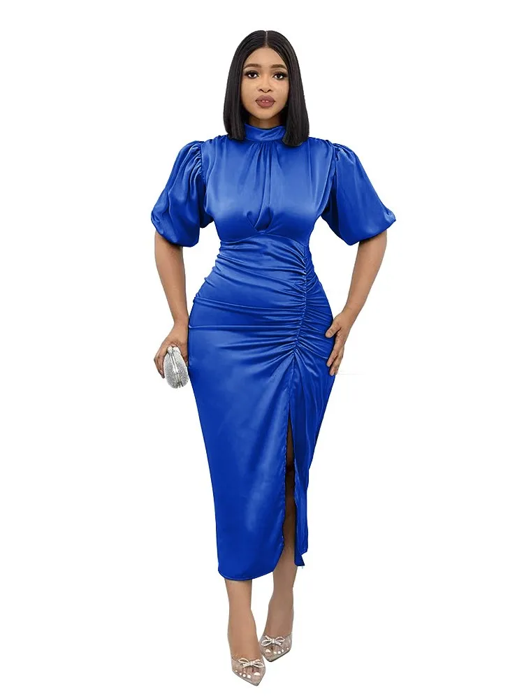 

African Pencil Dress Women Stand Collar Puff Sleeve Robe Africa Clothing Summer New Solid Slit Elegant African Office Lady Dress