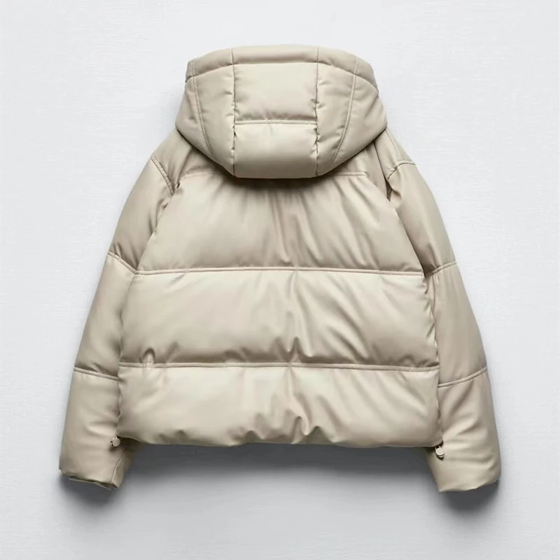 2023 Women Padded Jacket Faux PU Leather Winter Warm Loose Hooded Pocket Fashion Vintage Thick Quilted Parkas Girl Outerwear Top