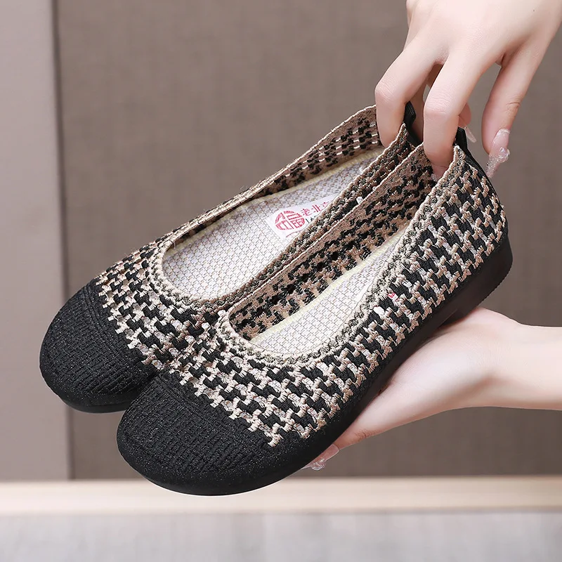 

2023 New Hollow Women Ballet Flats New Fashion Knit Fabric Stretchy Square Toe Slip On Flat Heel All Match Boat Shoes