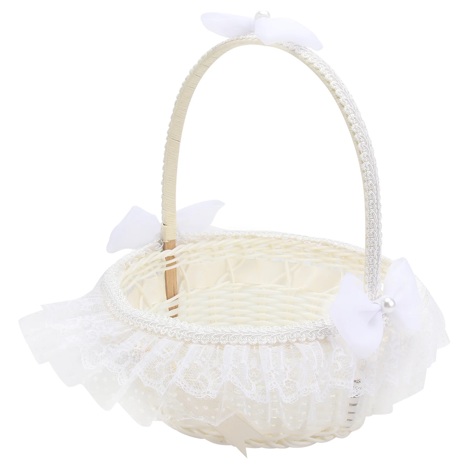 

Basket Flower Wedding Girl Basketswoven Wicker Lace Storage Rattan White Picnic Weddings Ceremony Bowknot Handle Gift Fruit