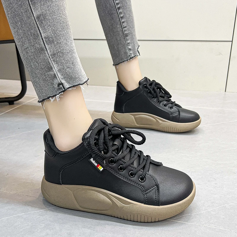 

New Fashion Retro Botas De Mujer Platform Sneakers Wedge Boots Non-slip Warm Pu Leather Lace-up Thick-soled Casual Shoes