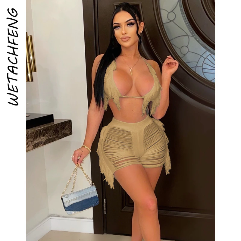 

Women Two Piece Sets Summer Outfits Sexy Bra Tops And Shorts Two Piece Sets Lady Backless Lace Up Tassel Cut Out 2022 Tracksuits