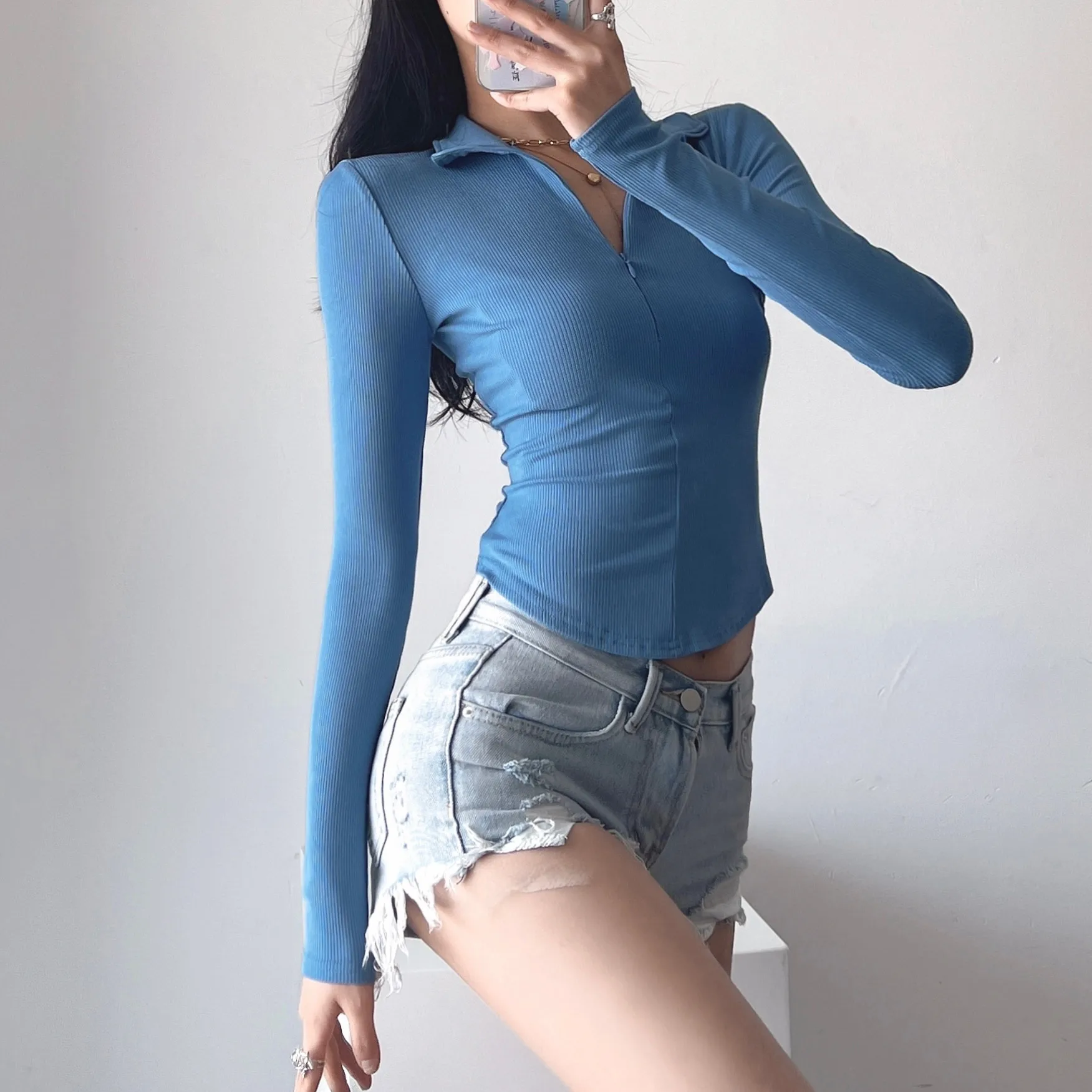 

UNUTH Girls 35 Zip TurnDown Collar Tees 2022 Spring Autumn Fashion Ladies Casual Female Knitted Solid Color Long Sleeve Top