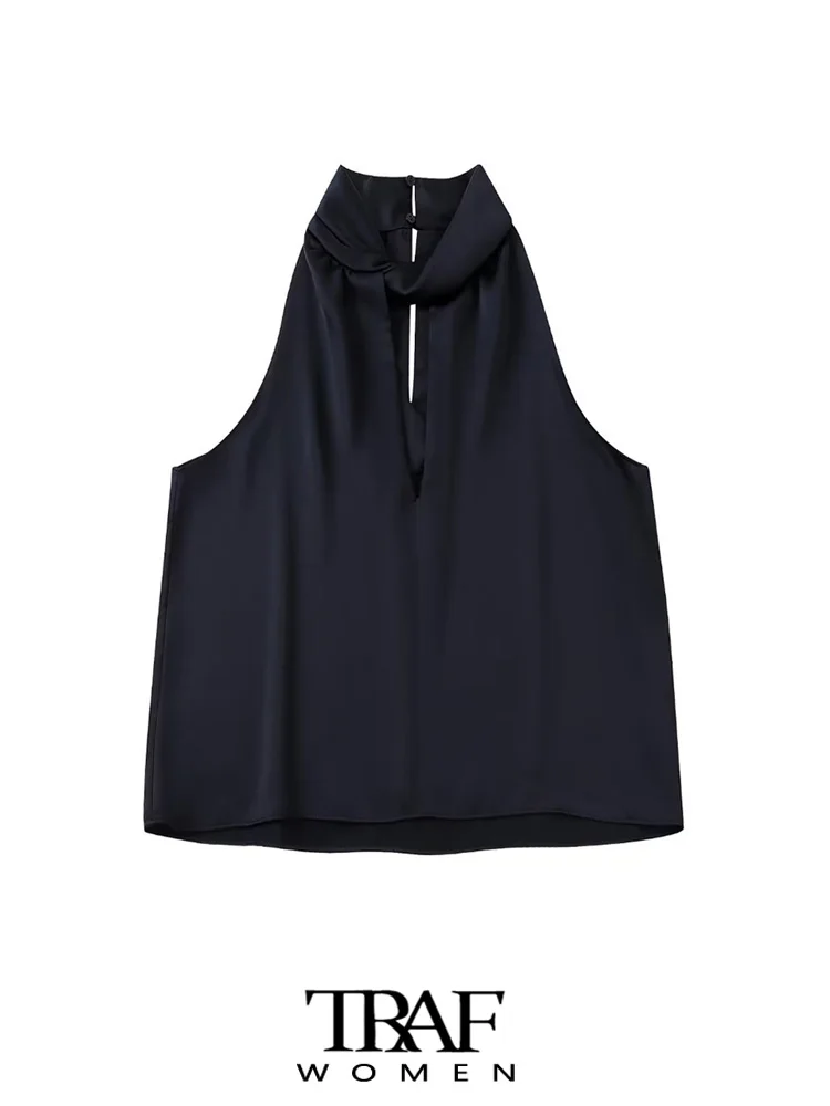 

Блузка Женская атласная с бантом спереди, воротником хомутиком, без рукавов