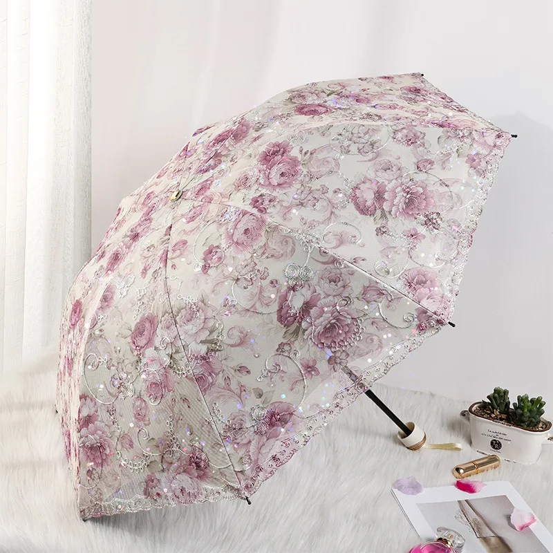 

Sunny and Rainy Umbrella UV-Resistant Three-folding High-end Umbrella Double Layer Colorful Coating Folded Umbrellas Pink Color