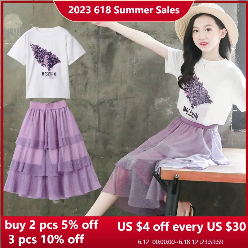 

Летние костюмы для девочек от 3 до 14 лет, футболка с коротким рукавом и принтом и юбка-торт, комплекты из 2 предметов, детская одежда для детей младшего возраста