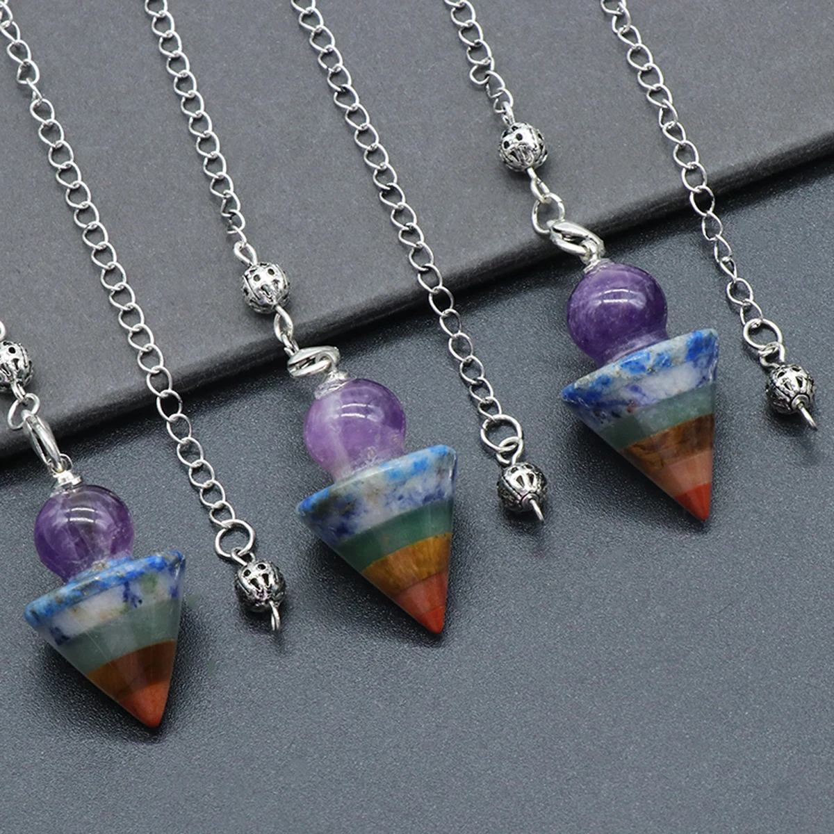 

Natural Stone Seven Chakras Spiritual Pendulum for Dowsing Divination Round Beads Stone Crystal Cone Pendants Jewelry