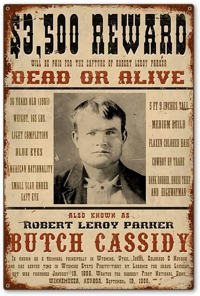 

Retro Art Tin Sign Butch Cassidy Wild West Wanted Reward for Bar Farm House Coffee Poster Plaque bookstoreWall Decorative 8x12In
