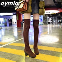 autumn and winter new woolen over the knee boots womens two wear elastic thin boots mid heel thick heeled round toe knight boot
