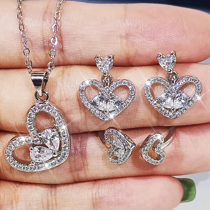 

uilz 2022 silver color heart Wedding Zircon Crystal Jewelry Set For Women Bracelet Earrings Necklace Pendant Ring sets Bridal