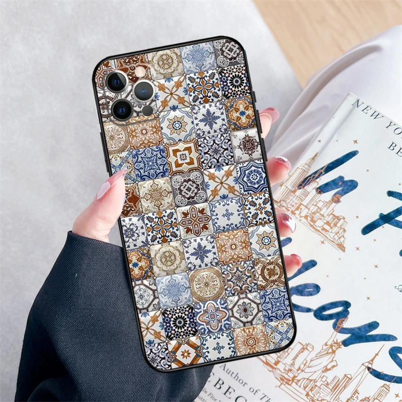 Фото Эстетический чехол для телефона в стиле бохо с мозаикой для iPhone 16 Pro Max 11 12 13 Mini 14 15 Pro Max XR 15 16 Plus 16e Cover Coque №3