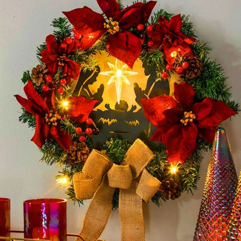 

Christmas Artificial Wreath Decoration Jesus and the Virgin Mary Garland with Light Berry Bows for Home Decor Front Door Wall
