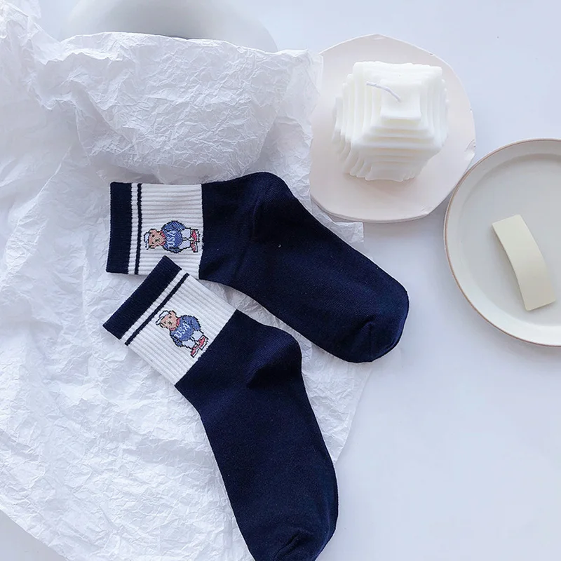 5 Pairs Embroidery Blue Men's Socks Bear Female Spring And Autumn Harajuku Cartoon Gentleman Breathable Business Christmas Gift