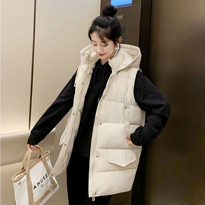 New 2022 Korean Fashion Long Vest Coat Women Down Cotton Parka Warm Sleeveless Hooded Solid Color Loose Female Waistcoat