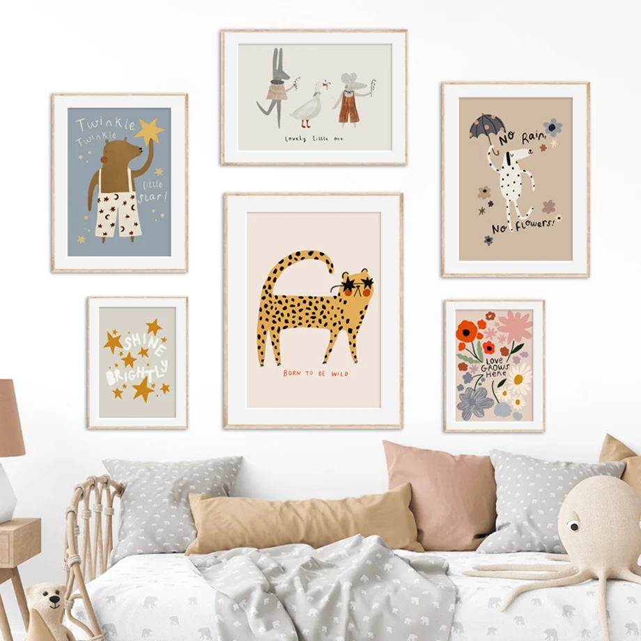 

Cartoon Mouse Cheetah Rabbit Bear Unicorn Wall Art Nordic Posters And Prints Boho Canvas Painting Pictures Baby Kids Room Decor