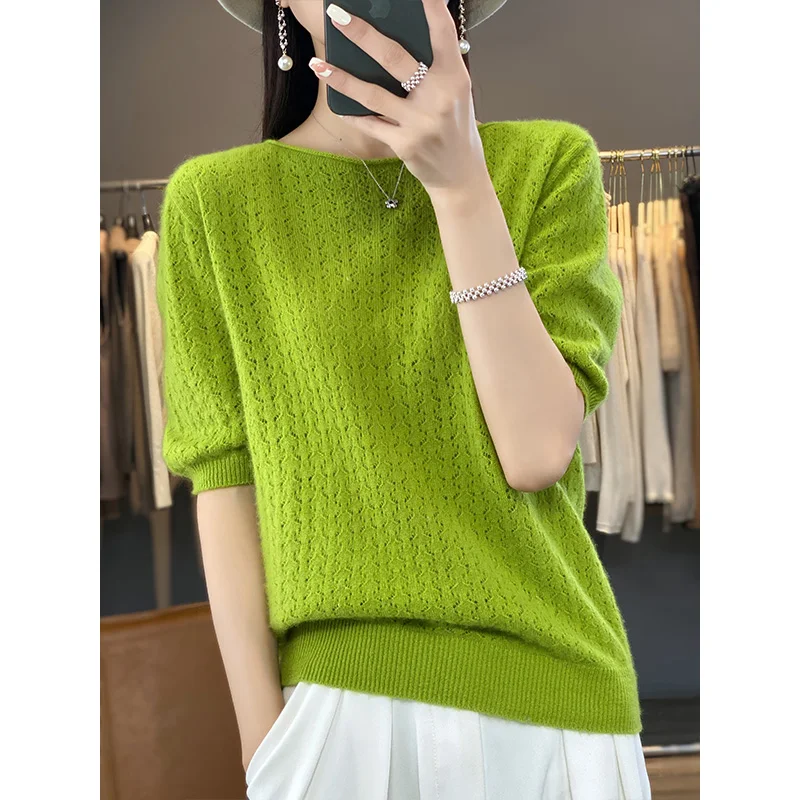

Женский свитер с вырезами, вязаный Свободный пуловер из 100% чистой шерсти с круглым вырезом и коротким рукавом, одежда в Корейском стиле