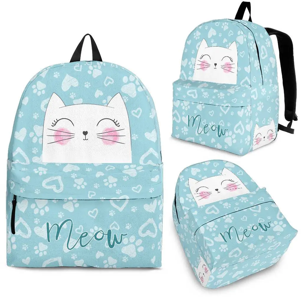 

YIKELUO Cute Cartoon Cat Backpack College Student Laptop Bag Cat Paw Love Print Blue Casual Knapsack With Zipper Textbook Bag