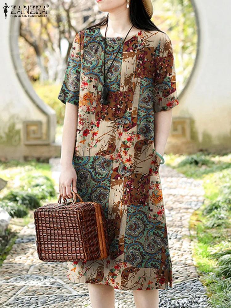 

Платье ZANZEA женское с коротким рукавом, Модный богемный сарафан с цветочным принтом, повседневный элегантный праздничный, с круглым вырезом, на лето
