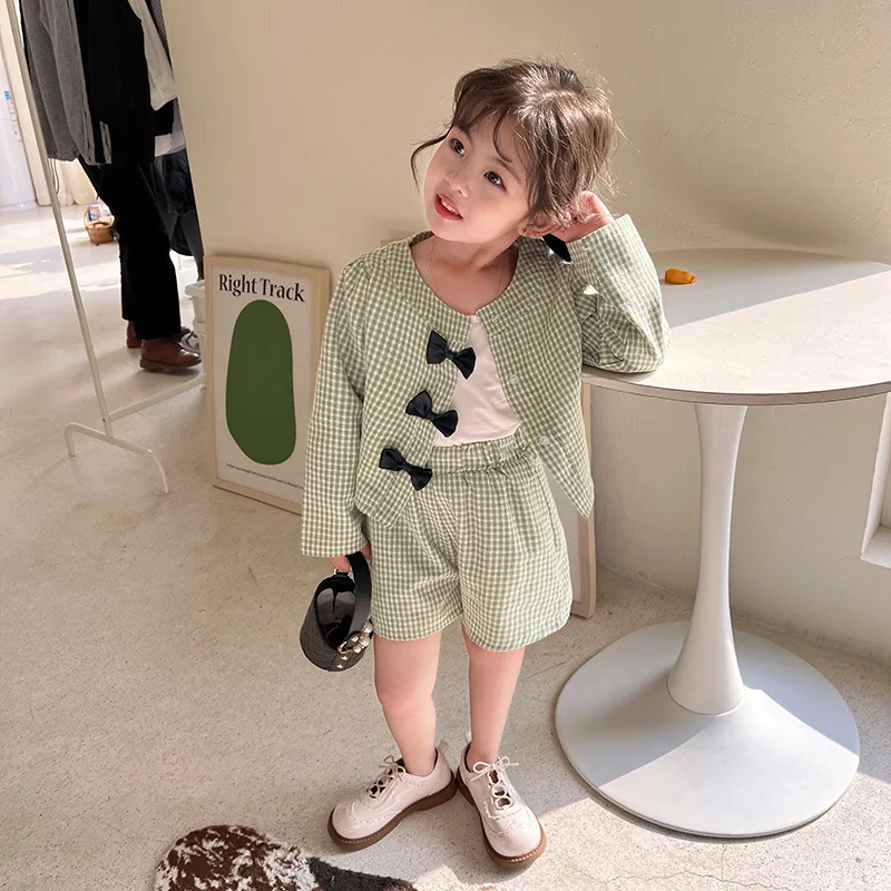 Criscky Baby Girl Clothes Sets Shirt+Short Spring Plaid Infant Toddler Child Homesuit Bowknot Long Sleeve Baby Clothes