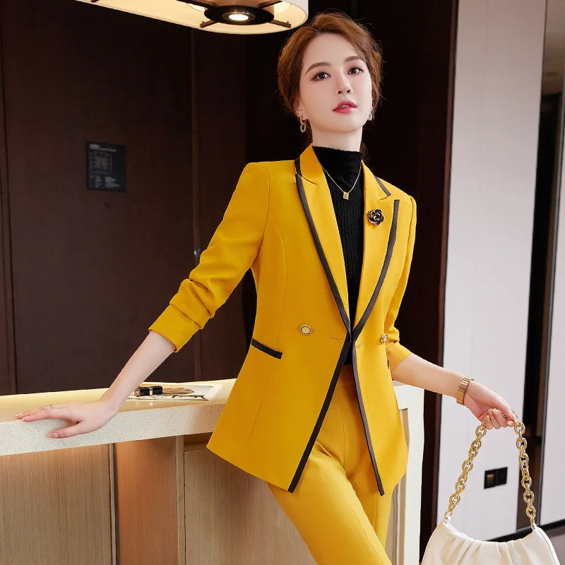 IZICFLY New Style Autumn Winter Slim Office Business Yellow Suit For Women Work Wear Two Piece Blazer Sets With Pant Outifits