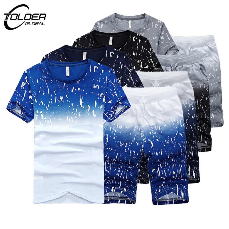 

Men's Blue Gradient Summer Short Sleeve+Shorts Tracksuit Sweatsuit 2PC Thin Breathable Sport Running Set Male Casual Shorts Tee