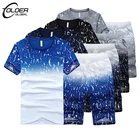 Костюм спортивный мужской из 2 предметов, тонкий дышащий, короткий рукав + шорты, футболка, синий градиент, повседневные шорты, на лето