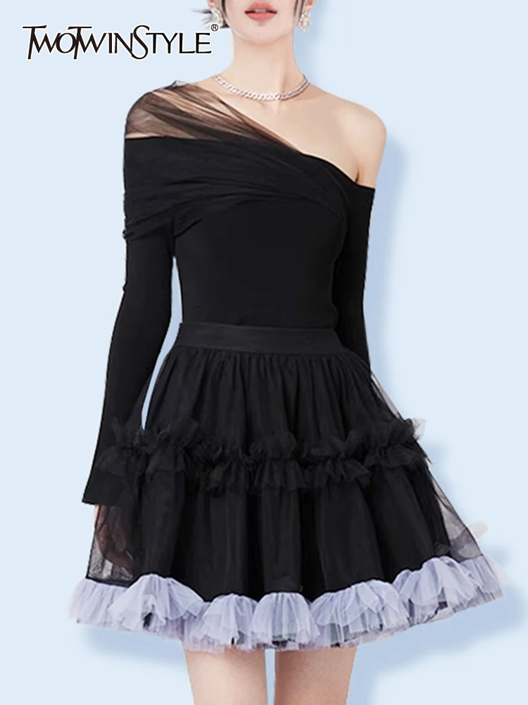 

Женский комплект из двух предметов TWOTWINSTYLE, с цветным блоком, с диагональным воротником, с длинным рукавом, с высокой талией, мини-юбка, 2023