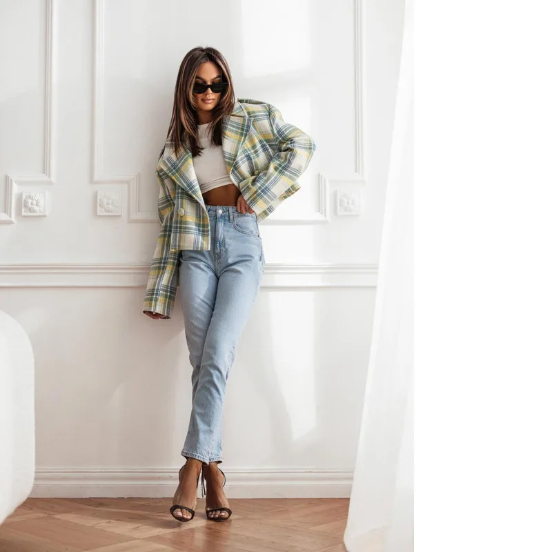 Женское Короткое шерстяное пальто повседневный короткий УТЕПЛЕННЫЙ ТОП в клетку