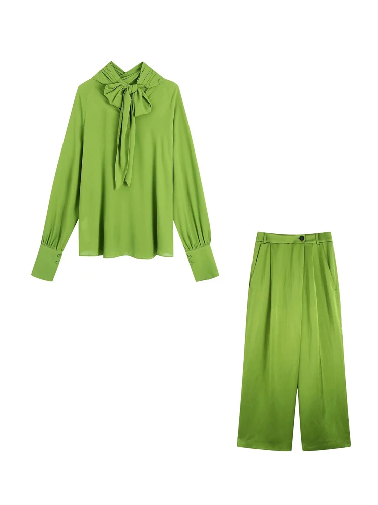 

2022 Summer Women Fashion Suits 2 piece Sets Solid Loose Blouses Tops and Trousers Female Satin Two pieces Suit Clothes