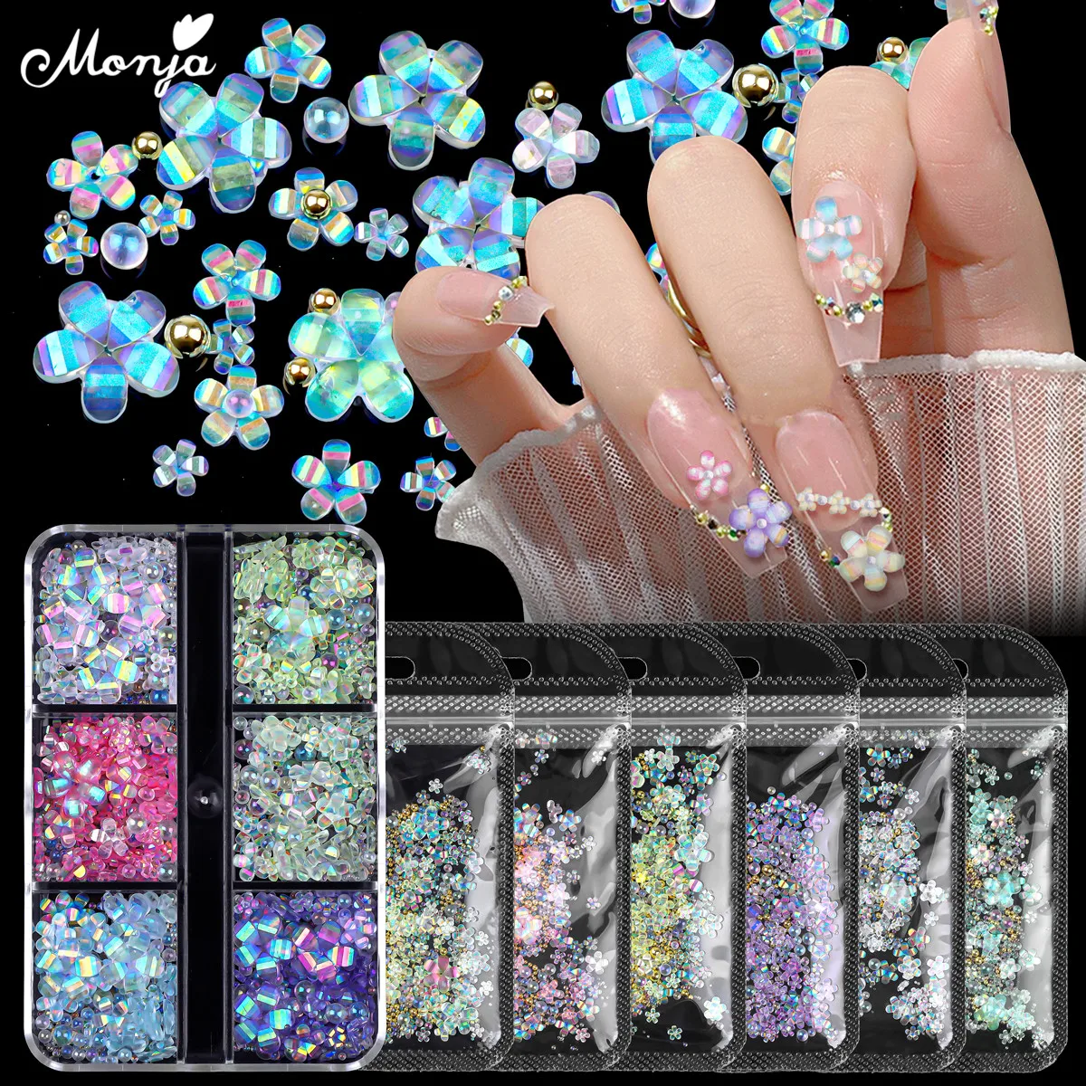 

Monja 6 цветов Аврора 3D акриловые лепестки смешанные золотые металлические бусины цветные цветы для дизайна ногтей ювелирные подвески для самостоятельного изготовления маникюрных украшений