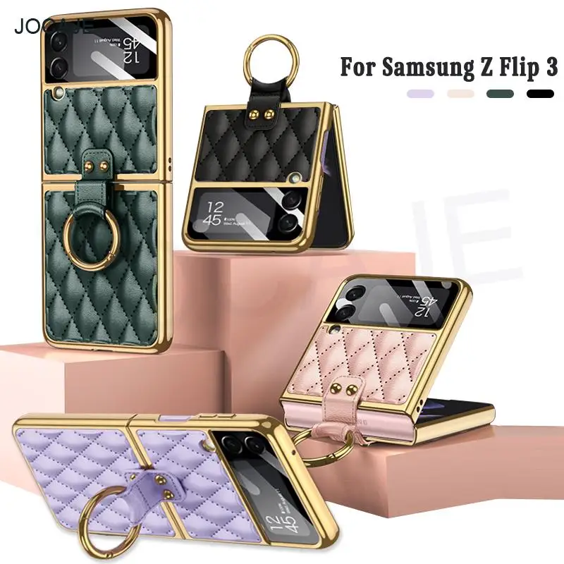 

Кожаный чехол с кольцом-держателем и алмазным рисунком для телефона Samsung Z Flip 3, Защитная пленка для объектива камеры Galaxy Z Flip3