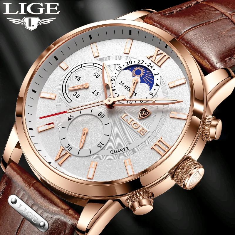 

LIGE Watch For Men Top Brand Luxury Luminous Leather Men's Casual Sports Fashion Waterproof Chronograph Relogio Masculino+BOX