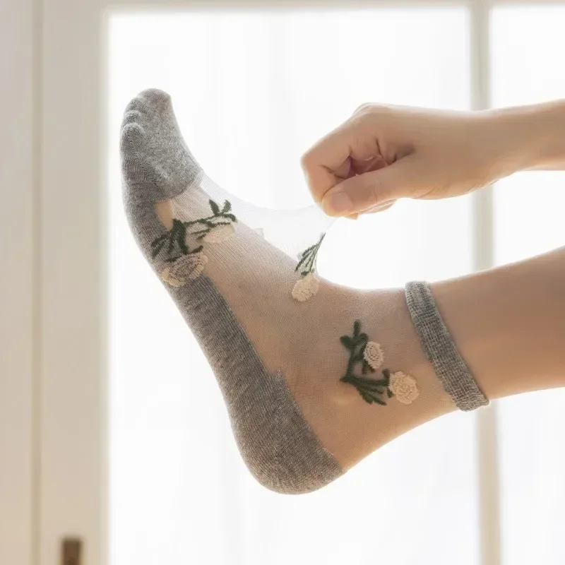 Ультратонкие дышащие шелковые носки со стразами женские прозрачные кружевные с