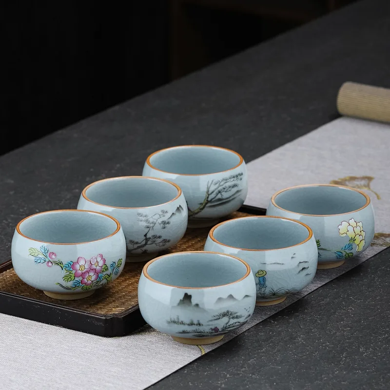 

Glazed Ceramic Pattern Tea Cup Set Modern Office Entertain Teaware Home Drinkware Chinese Style Archaistic Cups Gift For Friends