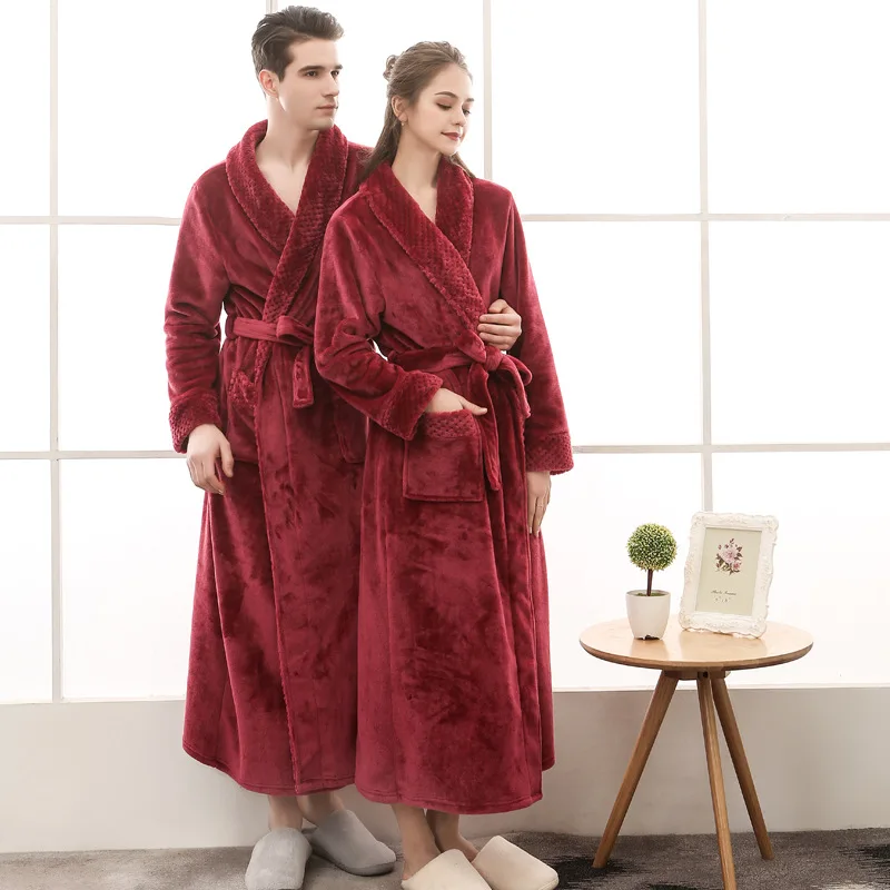 

Couple Burgundy Flannel Robe Winter Long Sleeve Bathrobe Thicken Warm Women Men Nightgown Lounge Sleepwear