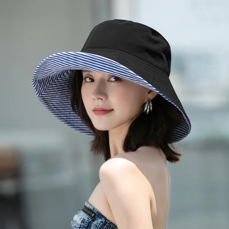 

Double-Sided Solid Color Stripe Women Bucket Hat Spring Summer New Wide Brim Sun Hats Outdoor Beach Travel Foldable Panama Cap
