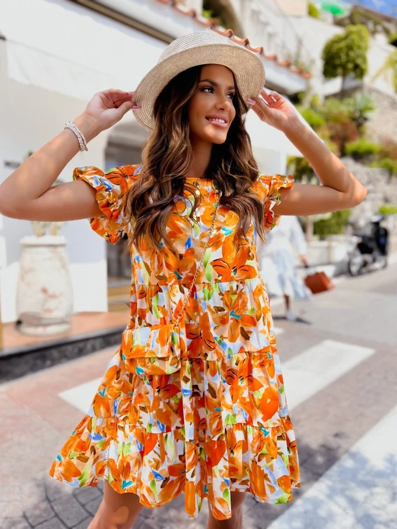 

Summer Elegant Ruffles Sleeve Dresses Women's Casual Floral Printed V-Neck Mini Dress Ladies Loose Boho Beach Dresses Vestidos#